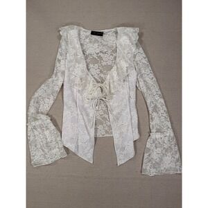 Urban Episode White Floral Lace Ruffle Tie Front Bell Sleeve Top Small
